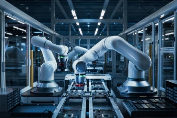 Robotic arms on a manufacturing assembly line